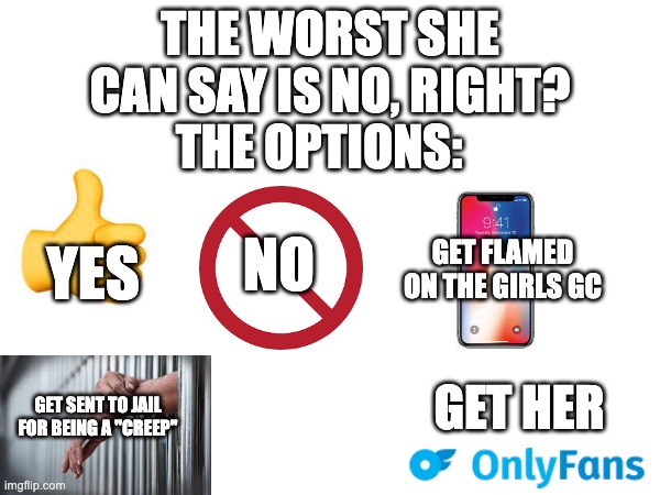 The worst she can say is no, right? Right? | THE WORST SHE CAN SAY IS NO, RIGHT? THE OPTIONS:; YES; NO; GET FLAMED ON THE GIRLS GC; GET HER; GET SENT TO JAIL FOR BEING A "CREEP" | image tagged in onlyfans,dating,online dating | made w/ Imgflip meme maker