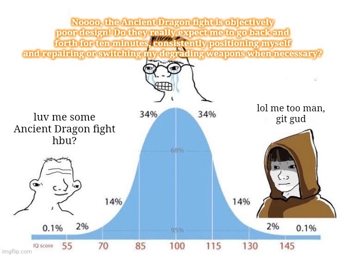 Dark Souls 2 | Noooo, the Ancient Dragon fight is objectively poor design! Do they really expect me to go back and forth for ten minutes, consistently positioning myself and repairing or switching my degrading weapons when necessary? luv me some Ancient Dragon fight
hbu? lol me too man,
git gud | image tagged in bell curve,dark souls | made w/ Imgflip meme maker