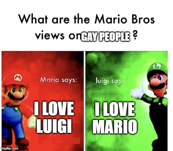 Mario Bros Views | GAY PEOPLE; I LOVE LUIGI; I LOVE MARIO | image tagged in mario bros views | made w/ Imgflip meme maker