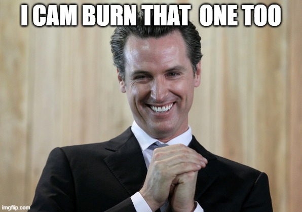 Scheming Gavin Newsom  | I CAM BURN THAT  ONE TOO | image tagged in scheming gavin newsom | made w/ Imgflip meme maker