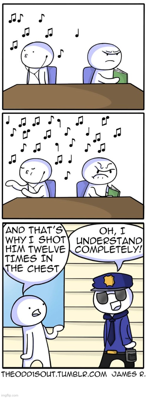 Blasting music | image tagged in theodd1sout,shot,police,music,comics,comics/cartoons | made w/ Imgflip meme maker