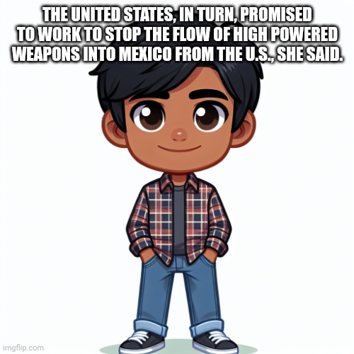 Regularfellow in cartoon | THE UNITED STATES, IN TURN, PROMISED TO WORK TO STOP THE FLOW OF HIGH POWERED WEAPONS INTO MEXICO FROM THE U.S., SHE SAID. | image tagged in regularfellow in cartoon | made w/ Imgflip meme maker