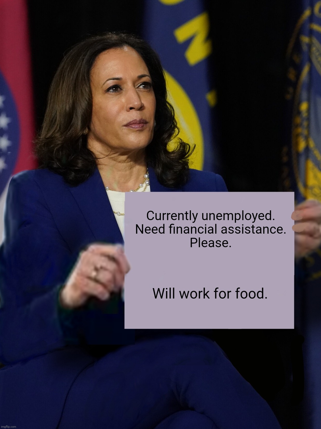 Kamala Harris Looking for Work | Currently unemployed.
Need financial assistance.
Please. Will work for food. | image tagged in kamala harris holding sign | made w/ Imgflip meme maker