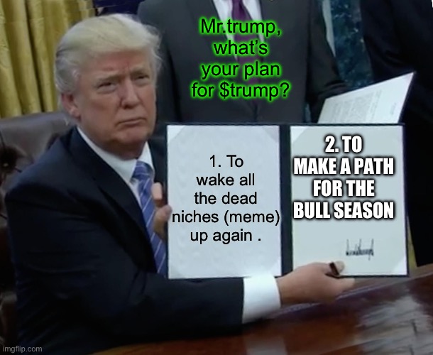 Trump Bill Signing | Mr.trump, what’s your plan for $trump? 1. To wake all the dead niches (meme) up again . 2. TO MAKE A PATH FOR THE BULL SEASON | image tagged in memes,trump bill signing | made w/ Imgflip meme maker