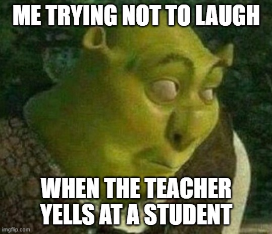 Shrek face | ME TRYING NOT TO LAUGH; WHEN THE TEACHER YELLS AT A STUDENT | image tagged in shrek face | made w/ Imgflip meme maker