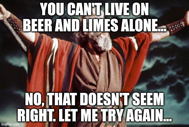 punny moses | YOU CAN'T LIVE ON BEER AND LIMES ALONE... NO, THAT DOESN'T SEEM RIGHT. LET ME TRY AGAIN... | image tagged in punny moses | made w/ Imgflip meme maker