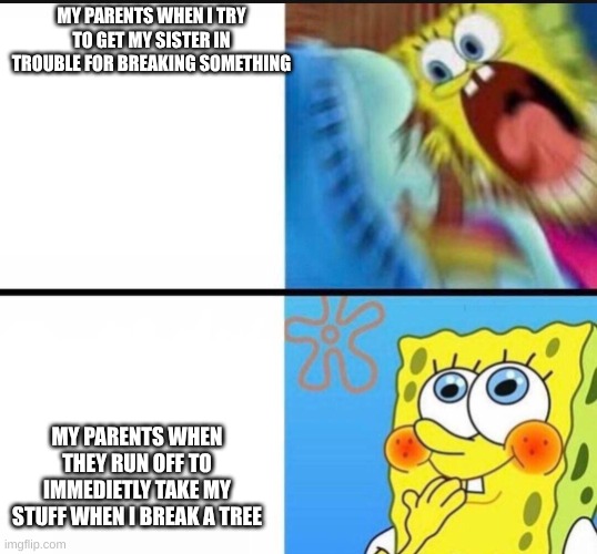 parents be like | MY PARENTS WHEN I TRY TO GET MY SISTER IN TROUBLE FOR BREAKING SOMETHING; MY PARENTS WHEN THEY RUN OFF TO IMMEDIETLY TAKE MY STUFF WHEN I BREAK A TREE | image tagged in spongebob yelling,parents | made w/ Imgflip meme maker