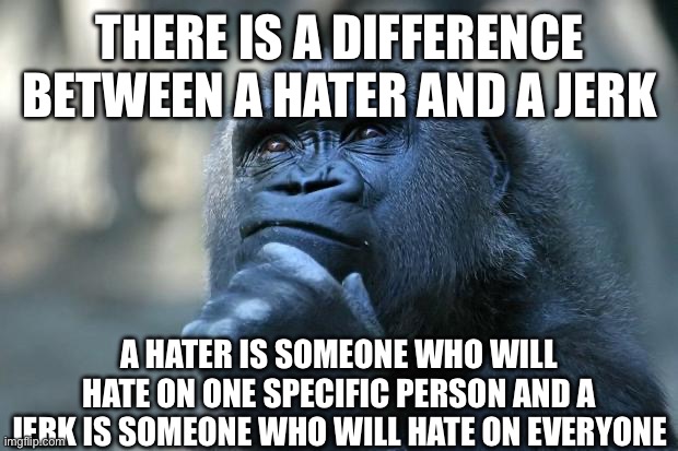 Deep Thoughts with the Gorillas | THERE IS A DIFFERENCE BETWEEN A HATER AND A JERK; A HATER IS SOMEONE WHO WILL HATE ON ONE SPECIFIC PERSON AND A JERK IS SOMEONE WHO WILL HATE ON EVERYONE | image tagged in deep thoughts,memes,gorilla,facts,deep thought | made w/ Imgflip meme maker