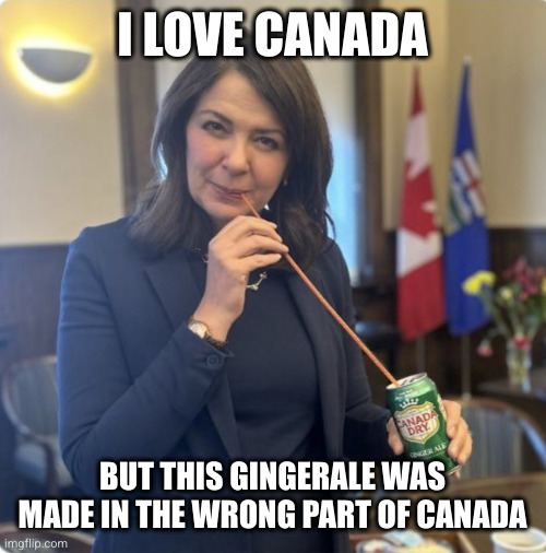 Alberta's premier sucks the life out of Canadian patriotism | I LOVE CANADA; BUT THIS GINGERALE WAS MADE IN THE WRONG PART OF CANADA | image tagged in danielle smith sucking,hypocrite,alberta,canada dry,memes,partisan to a fault | made w/ Imgflip meme maker