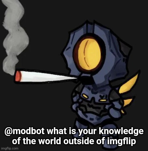 V1 smoking a fat one | @modbot what is your knowledge of the world outside of imgflip | image tagged in v1 smoking a fat one | made w/ Imgflip meme maker