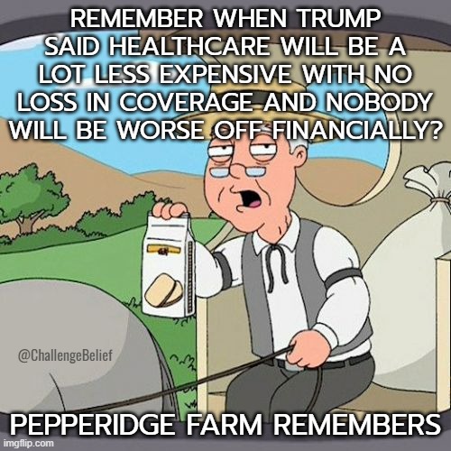 Trump Healthcare | REMEMBER WHEN TRUMP SAID HEALTHCARE WILL BE A LOT LESS EXPENSIVE WITH NO LOSS IN COVERAGE AND NOBODY WILL BE WORSE OFF FINANCIALLY? PEPPERIDGE FARM REMEMBERS; @ChallengeBelief | image tagged in memes,pepperidge farm remembers | made w/ Imgflip meme maker