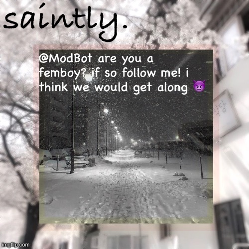 my template | @ModBot are you a femboy? if so follow me! i think we would get along 😈 | image tagged in my template | made w/ Imgflip meme maker