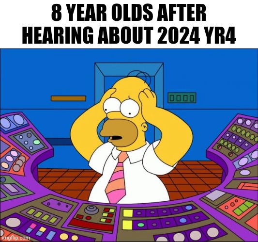 Homer Panic | 8 YEAR OLDS AFTER HEARING ABOUT 2024 YR4 | image tagged in homer panic | made w/ Imgflip meme maker