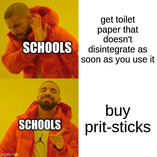 why | get toilet paper that doesn't disintegrate as soon as you use it; SCHOOLS; buy prit-sticks; SCHOOLS | image tagged in memes,drake hotline bling | made w/ Imgflip meme maker