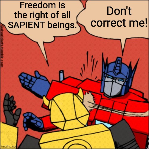 Sentient only means that you can feel things. | Freedom is the right of all
SAPIENT beings. Don't correct me! | image tagged in transformer slap,very poor choice of words,mistake,language,meaning,misunderstanding | made w/ Imgflip meme maker