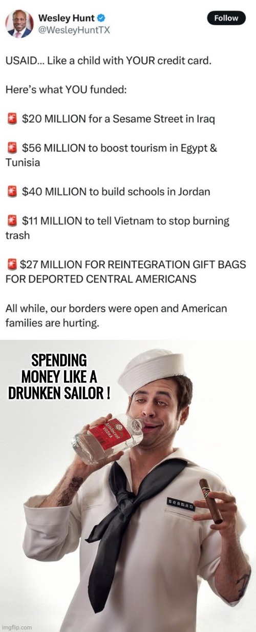 USaid wasting tax dollars | SPENDING MONEY LIKE A DRUNKEN SAILOR ! | image tagged in drunken drinking sailor navy jpp theywillneverlearn,bear,waste of money | made w/ Imgflip meme maker