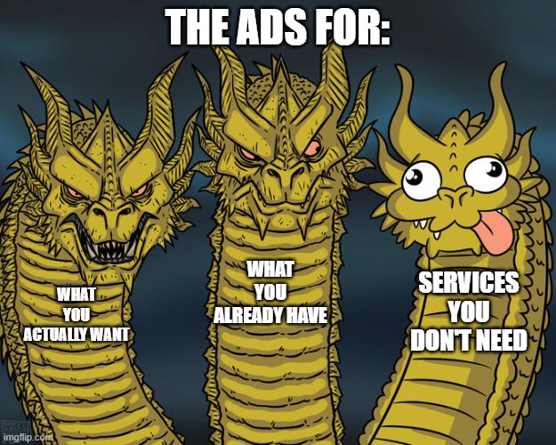 The Advertising algorithm in YT. | THE ADS FOR:; WHAT YOU ALREADY HAVE; SERVICES YOU DON'T NEED; WHAT YOU ACTUALLY WANT | image tagged in three-headed dragon | made w/ Imgflip meme maker