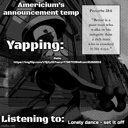 Americium Breloom temp | Ratio
https://imgflip.com/i/9j2y35?nerp=1738711394#com35268832; Lonely dance - set it off | image tagged in americium breloom temp | made w/ Imgflip meme maker