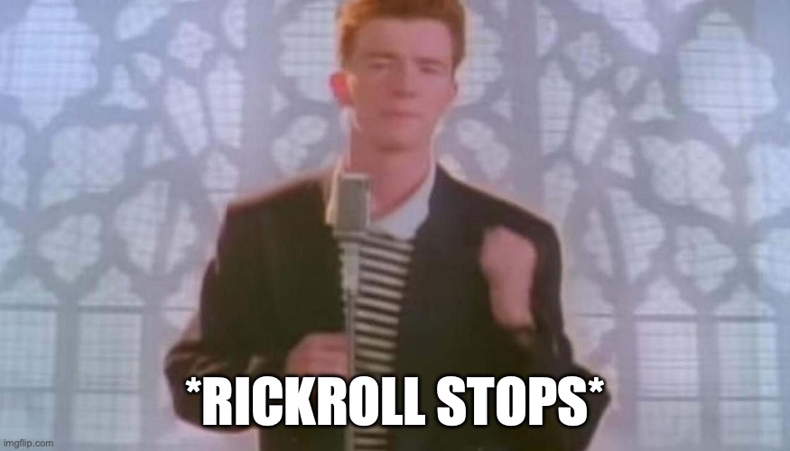 Never gonna give you up | *RICKROLL STOPS* | image tagged in never gonna give you up | made w/ Imgflip meme maker