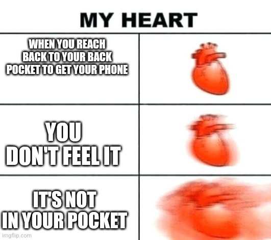 Heart rate | WHEN YOU REACH BACK TO YOUR BACK POCKET TO GET YOUR PHONE; YOU DON'T FEEL IT; IT'S NOT IN YOUR POCKET | image tagged in heart rate | made w/ Imgflip meme maker