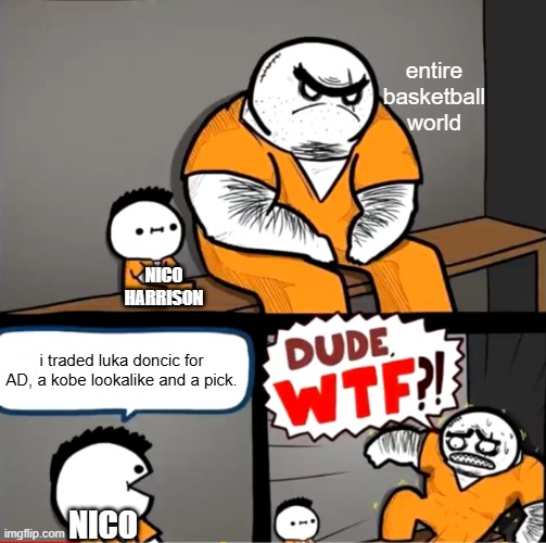 nico what????? | entire basketball world; NICO HARRISON; i traded luka doncic for AD, a kobe lookalike and a pick. NICO | image tagged in surprised bulky prisoner | made w/ Imgflip meme maker