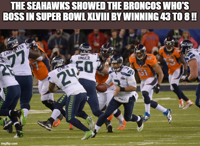 The Seahawks showed the Broncos who's boss in Super Bowl XLVIII, 43 to 8. | THE SEAHAWKS SHOWED THE BRONCOS WHO'S BOSS IN SUPER BOWL XLVIII BY WINNING 43 TO 8 !! | image tagged in sports,super bowl,nfl football,seattle seahawks,denver broncos | made w/ Imgflip meme maker