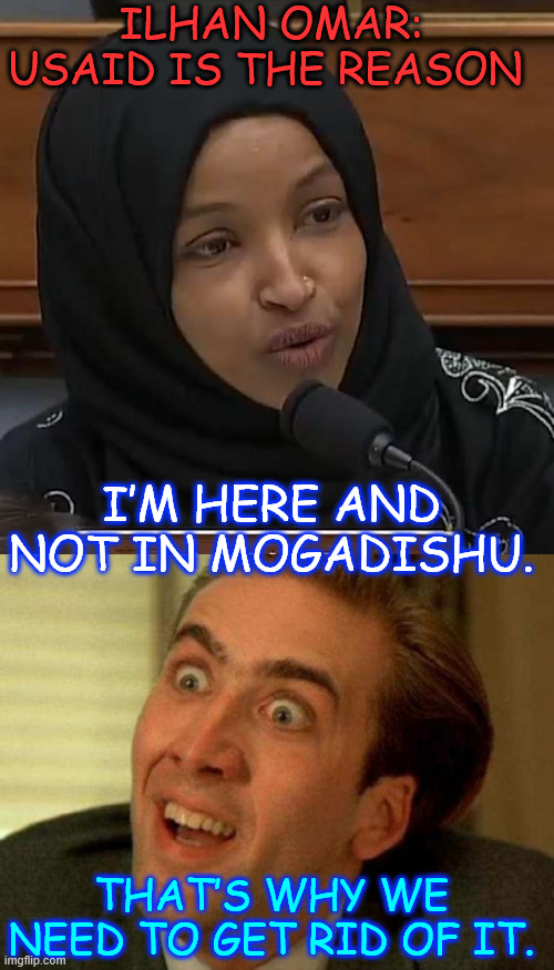 We don't need American taxpayer money used to import America haters | ILHAN OMAR: USAID IS THE REASON; I’M HERE AND NOT IN MOGADISHU. THAT’S WHY WE NEED TO GET RID OF IT. | image tagged in ilhan omar,usaid,cia connected | made w/ Imgflip meme maker