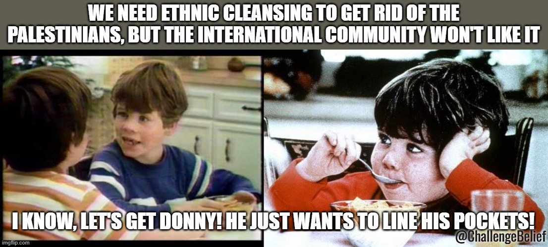 Get Donny to do it! | WE NEED ETHNIC CLEANSING TO GET RID OF THE PALESTINIANS, BUT THE INTERNATIONAL COMMUNITY WON'T LIKE IT; I KNOW, LET'S GET DONNY! HE JUST WANTS TO LINE HIS POCKETS! @ChallengeBelief | image tagged in mikey life cereal | made w/ Imgflip meme maker