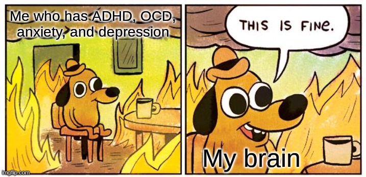 This Is Fine | Me who has ADHD, OCD, anxiety, and depression; My brain | image tagged in memes,this is fine | made w/ Imgflip meme maker