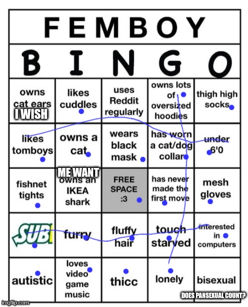 guess I'm a femboy even though me born a girl lmao | I WISH; ME WANT; DOES PANSEXUAL COUNT? | image tagged in femboy bingo | made w/ Imgflip meme maker