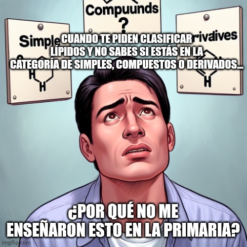 Lípidos | CUANDO TE PIDEN CLASIFICAR LÍPIDOS Y NO SABES SI ESTÁS EN LA CATEGORÍA DE SIMPLES, COMPUESTOS O DERIVADOS…; ¿POR QUÉ NO ME ENSEÑARON ESTO EN LA PRIMARIA? | image tagged in ciencia | made w/ Imgflip meme maker