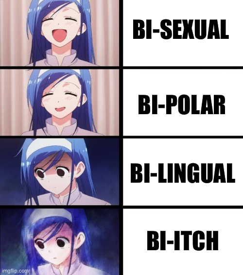 Girls are all bi. Which one are you though? | BI-SEXUAL; BI-POLAR; BI-LINGUAL; BI-ITCH | image tagged in fumino omg 4 panel,bisexual,bipolar,bilingual,bitch,girls | made w/ Imgflip meme maker