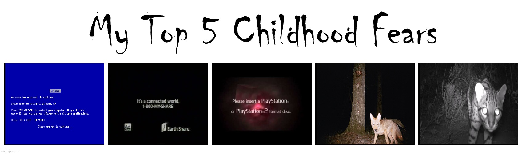 Brandon's Top 5 Childhood Fears | image tagged in microsoft,ps2,coyote,sega,fear,windows | made w/ Imgflip meme maker