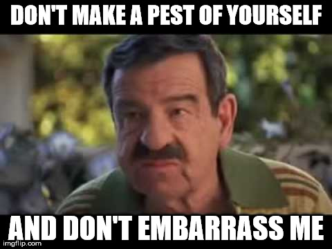 What I always say to my husband before we attend a social gathering  | DON'T MAKE A PEST OF YOURSELF AND DON'T EMBARRASS ME | image tagged in funny | made w/ Imgflip meme maker
