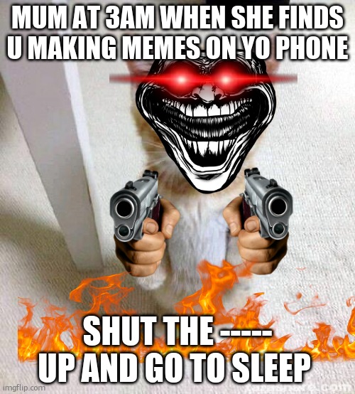 GO TO SLEEP NOOOOOWW | MUM AT 3AM WHEN SHE FINDS U MAKING MEMES ON YO PHONE; SHUT THE ----- UP AND GO TO SLEEP | image tagged in memes,cute cat | made w/ Imgflip meme maker