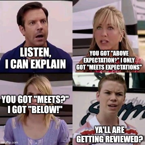 We are the millers | LISTEN, I CAN EXPLAIN; YOU GOT "ABOVE EXPECTATION‽" I ONLY GOT "MEETS EXPECTATIONS"; YOU GOT "MEETS?" I GOT "BELOW!"; YA'LL ARE GETTING REVIEWED? | image tagged in we are the millers | made w/ Imgflip meme maker