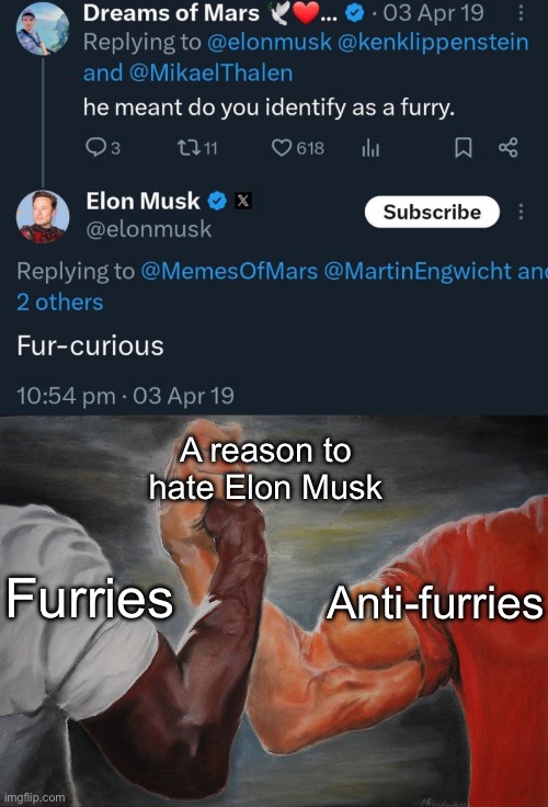 Fun stream ahh meme | A reason to hate Elon Musk; Anti-furries; Furries | image tagged in grasping hands | made w/ Imgflip meme maker