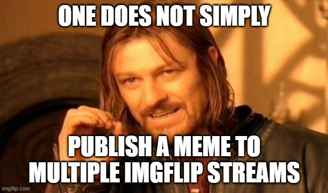 Seriously, why isn't this allowed? | ONE DOES NOT SIMPLY; PUBLISH A MEME TO MULTIPLE IMGFLIP STREAMS | image tagged in memes,one does not simply | made w/ Imgflip meme maker