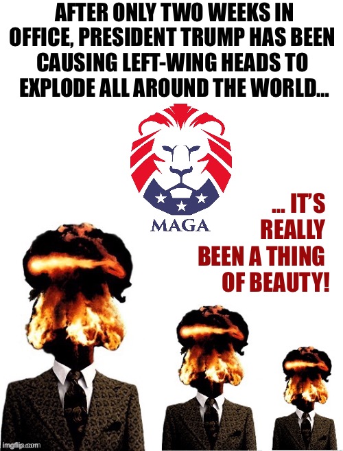 M.A.G.A. makes commie heads explode… | AFTER ONLY TWO WEEKS IN OFFICE, PRESIDENT TRUMP HAS BEEN 
CAUSING LEFT-WING HEADS TO 
EXPLODE ALL AROUND THE WORLD…; … IT’S  REALLY 
BEEN A THING 
OF BEAUTY! | image tagged in political memes | made w/ Imgflip meme maker