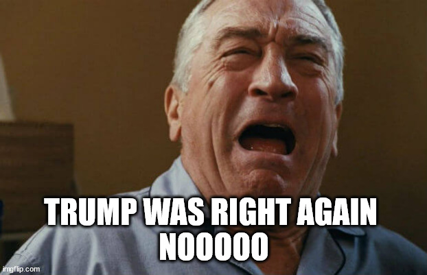 deniro crying | TRUMP WAS RIGHT AGAIN 
NOOOOO | image tagged in deniro crying | made w/ Imgflip meme maker