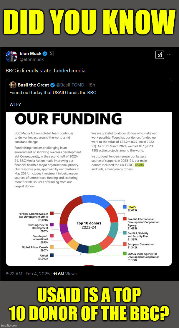 USAID... Top 10 BBC donor | DID YOU KNOW; USAID IS A TOP 10 DONOR OF THE BBC? | image tagged in did you know,bbc,usaid | made w/ Imgflip meme maker