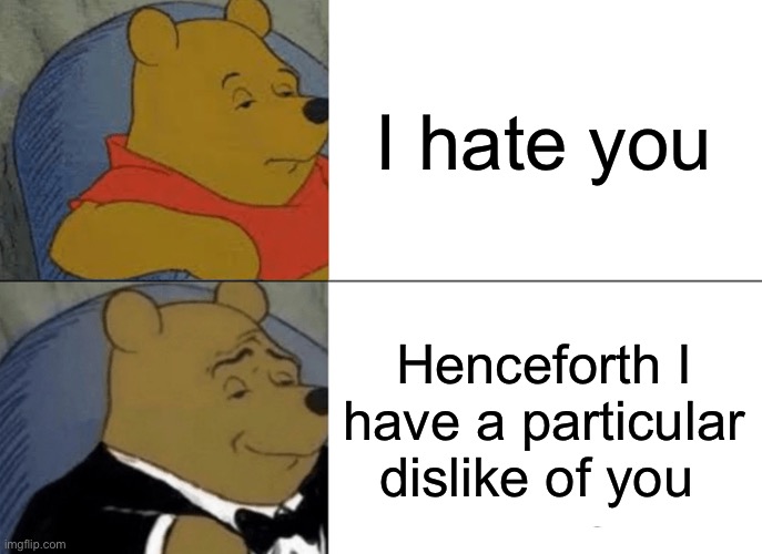 POV trying to hit the word count on the essay | I hate you; Henceforth I have a particular dislike of you | image tagged in memes,tuxedo winnie the pooh | made w/ Imgflip meme maker