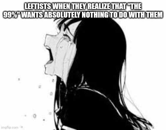 A is for Asinine Claims, B is for Blight of Humanity, C is for Control Freaks, D is for Damn Worthless, E is for Evil, F is for  | LEFTISTS WHEN THEY REALIZE THAT "THE 99%" WANTS ABSOLUTELY NOTHING TO DO WITH THEM | image tagged in crying anime girl | made w/ Imgflip meme maker