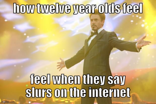 Funniest shit I’ve ever seen haha so awesome kill me now | how twelve year olds feel; feel when they say slurs on the internet | image tagged in tony stark success | made w/ Imgflip meme maker