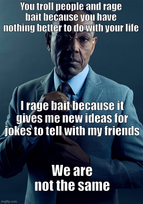 In case I don’t see you, good morning good evening and good night. | You troll people and rage bait because you have nothing better to do with your life; I rage bait because it gives me new ideas for jokes to tell with my friends; We are not the same | image tagged in gus fring we are not the same | made w/ Imgflip meme maker