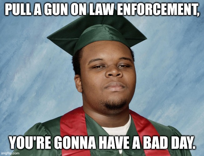 Mike Brown | PULL A GUN ON LAW ENFORCEMENT, YOU'RE GONNA HAVE A BAD DAY. | image tagged in mike brown | made w/ Imgflip meme maker