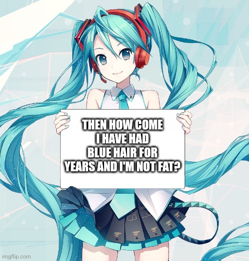 Hatsune Miku holding a sign | THEN HOW COME I HAVE HAD BLUE HAIR FOR YEARS AND I'M NOT FAT? | image tagged in hatsune miku holding a sign | made w/ Imgflip meme maker