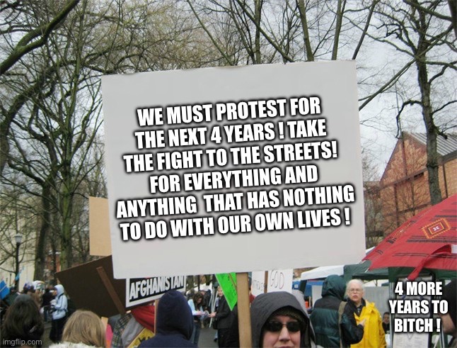 Professionals | WE MUST PROTEST FOR THE NEXT 4 YEARS ! TAKE THE FIGHT TO THE STREETS! 
FOR EVERYTHING AND ANYTHING  THAT HAS NOTHING TO DO WITH OUR OWN LIVES ! 4 MORE YEARS TO BITCH ! | image tagged in blank protest sign | made w/ Imgflip meme maker