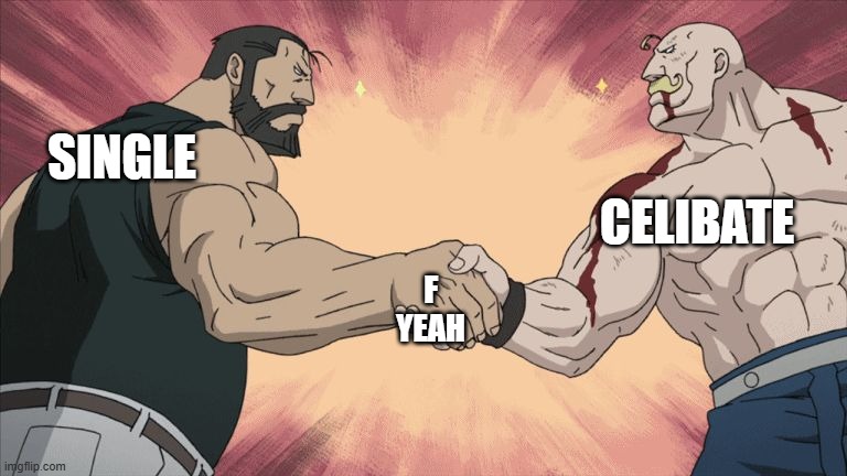 Manly Handshake | SINGLE CELIBATE F
YEAH | image tagged in manly handshake | made w/ Imgflip meme maker