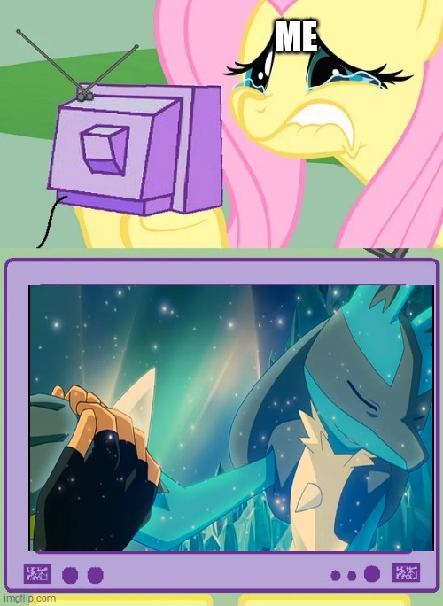 It's the writers fault!! | ME | image tagged in sad fluttershy watching television,pokemon,lucario,top 10 saddest anime deaths | made w/ Imgflip meme maker